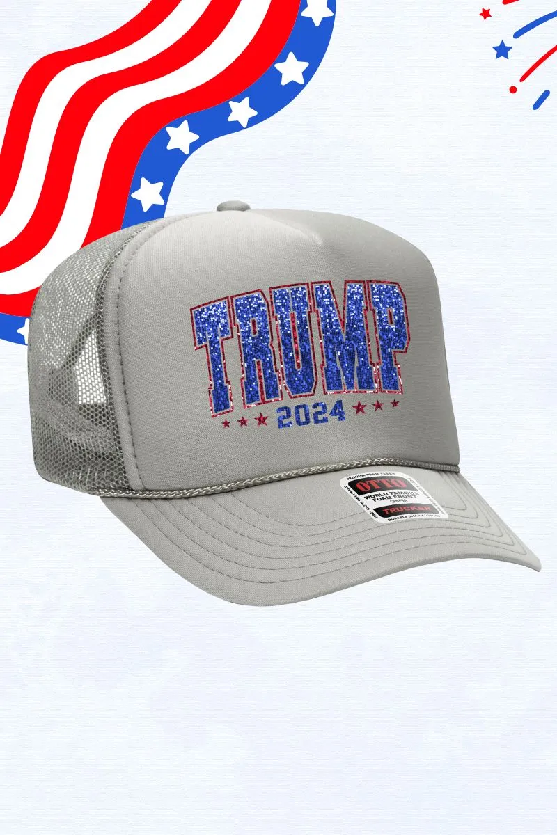 Faux Sequin Trump 2024 Transfer Otto Gray Foam Front Trucker Hat