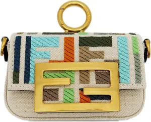 FENDI Canvas FF Embroidery Nano Baguette Charm Beige Multicolor