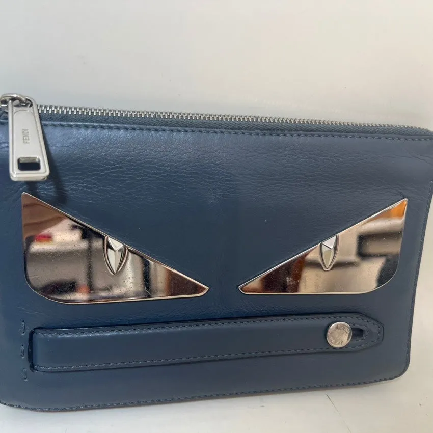 Fendi Monster Fun Pouch Blue Leather Clutch