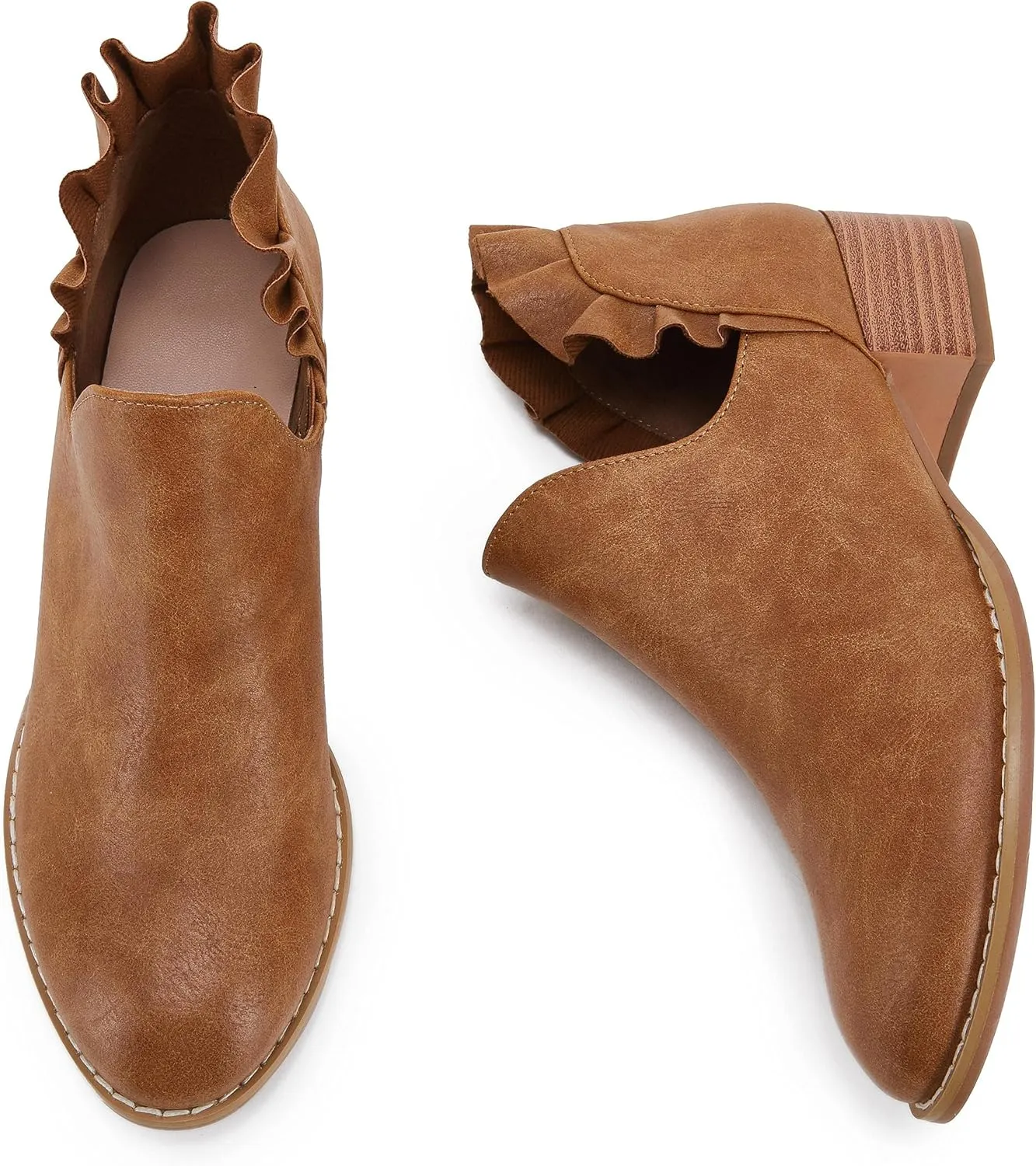 FISACE Womens Ruffled Ankle Boots V Cut Out Pointed Toe Chunky Low Heel Dressy Western Booties