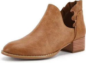 FISACE Womens Ruffled Ankle Boots V Cut Out Pointed Toe Chunky Low Heel Dressy Western Booties