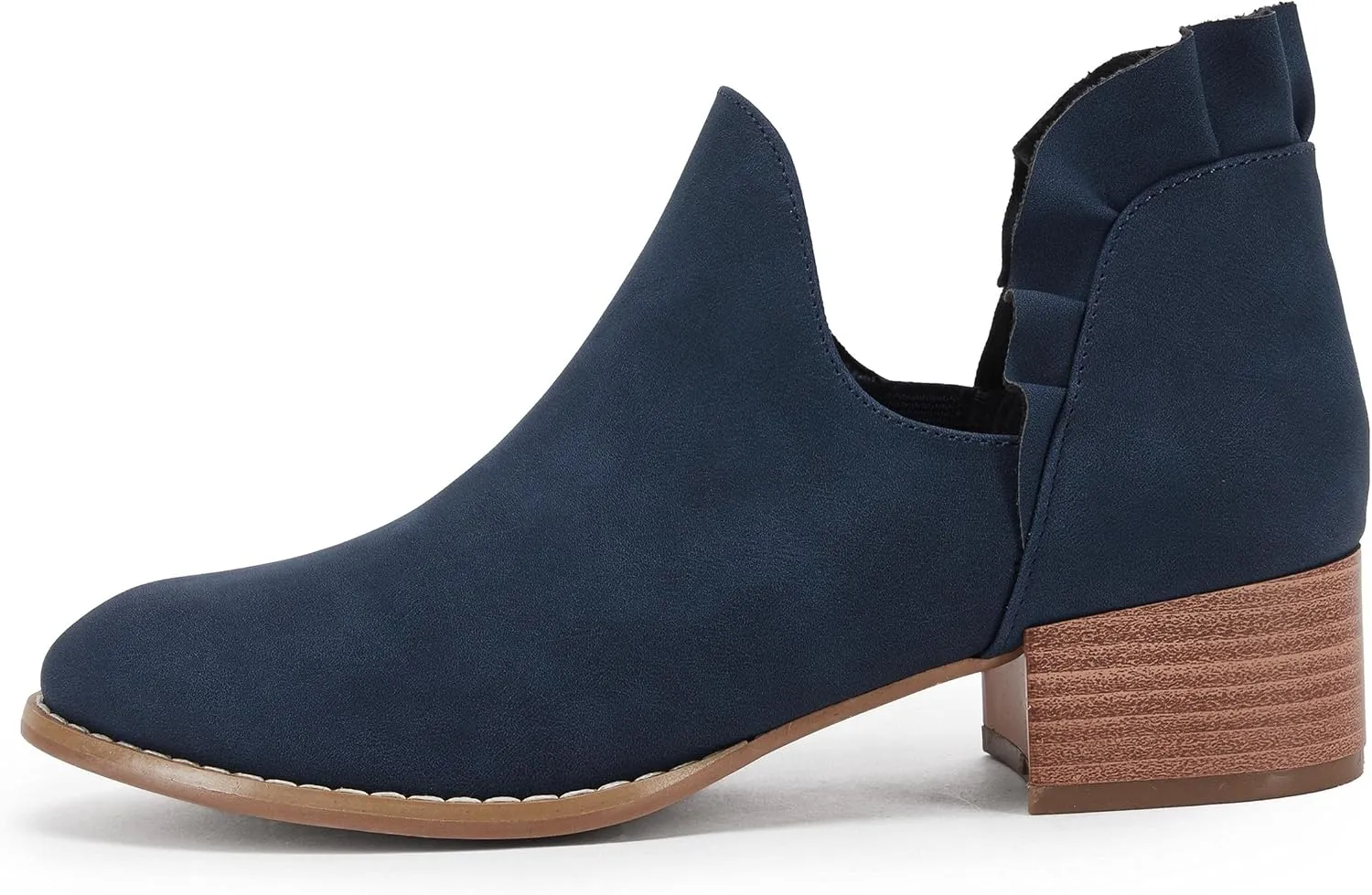 FISACE Womens Ruffled Ankle Boots V Cut Out Pointed Toe Chunky Low Heel Dressy Western Booties