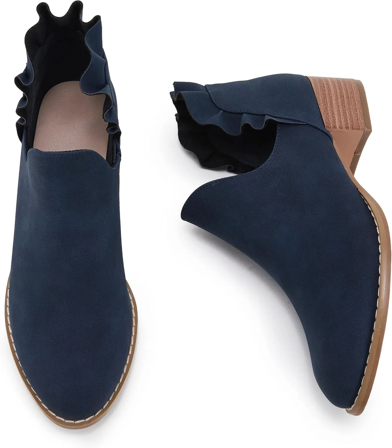 FISACE Womens Ruffled Ankle Boots V Cut Out Pointed Toe Chunky Low Heel Dressy Western Booties