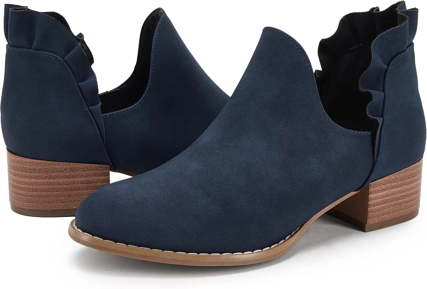 FISACE Womens Ruffled Ankle Boots V Cut Out Pointed Toe Chunky Low Heel Dressy Western Booties