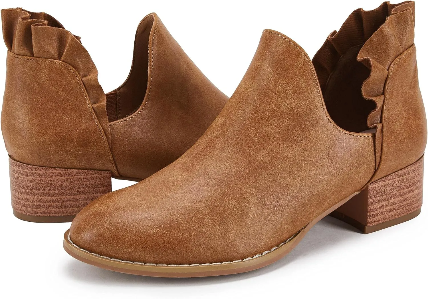 FISACE Womens Ruffled Ankle Boots V Cut Out Pointed Toe Chunky Low Heel Dressy Western Booties