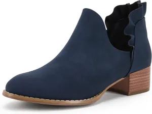 FISACE Womens Ruffled Ankle Boots V Cut Out Pointed Toe Chunky Low Heel Dressy Western Booties