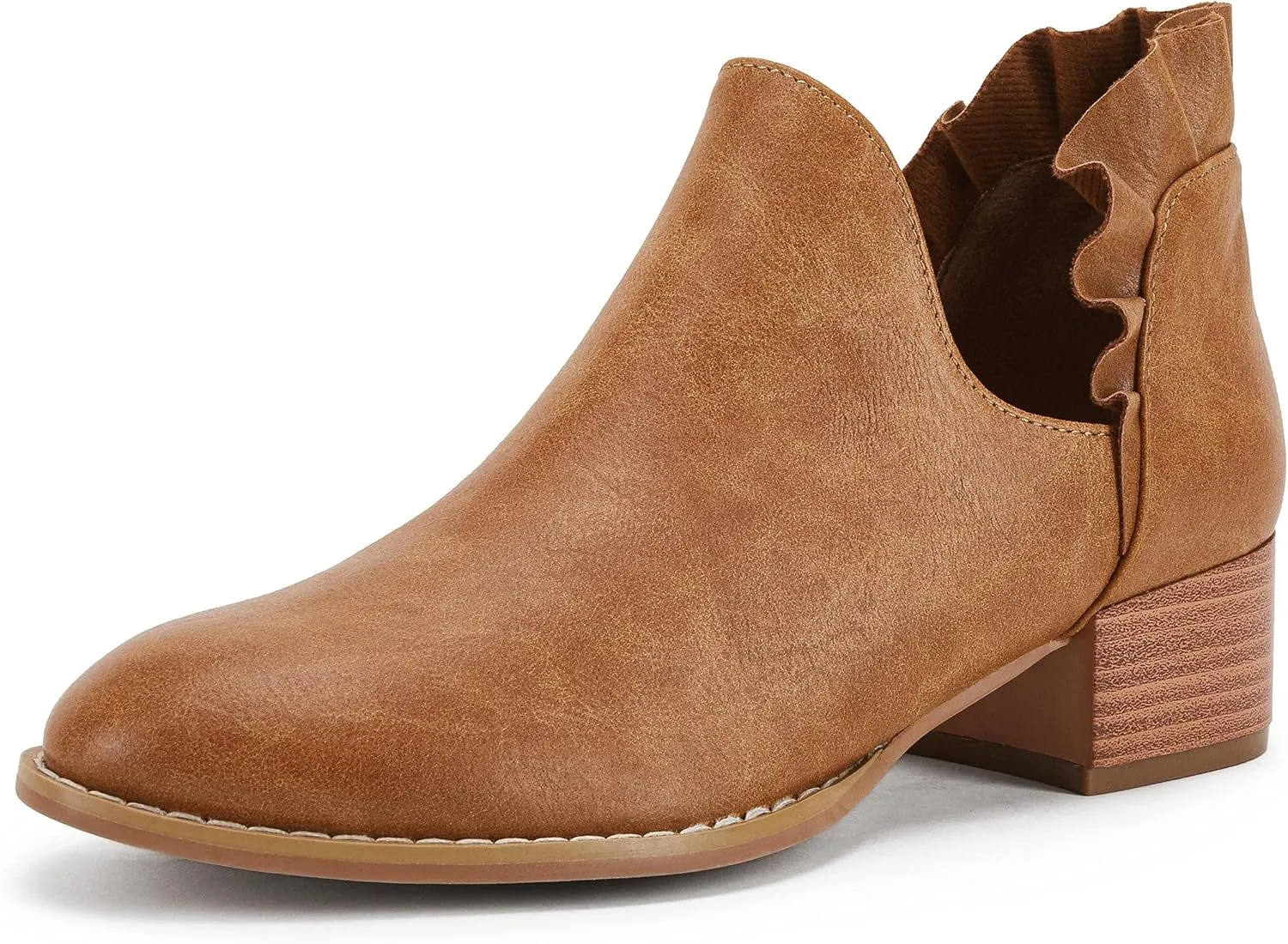FISACE Womens Ruffled Ankle Boots V Cut Out Pointed Toe Chunky Low Heel Dressy Western Booties