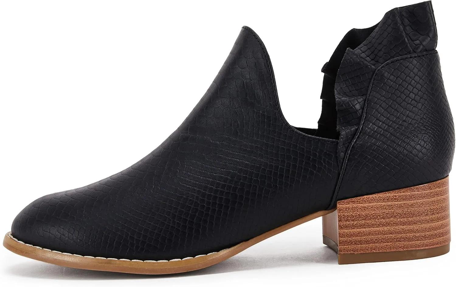 FISACE Womens Ruffled Ankle Boots V Cut Out Pointed Toe Chunky Low Heel Dressy Western Booties