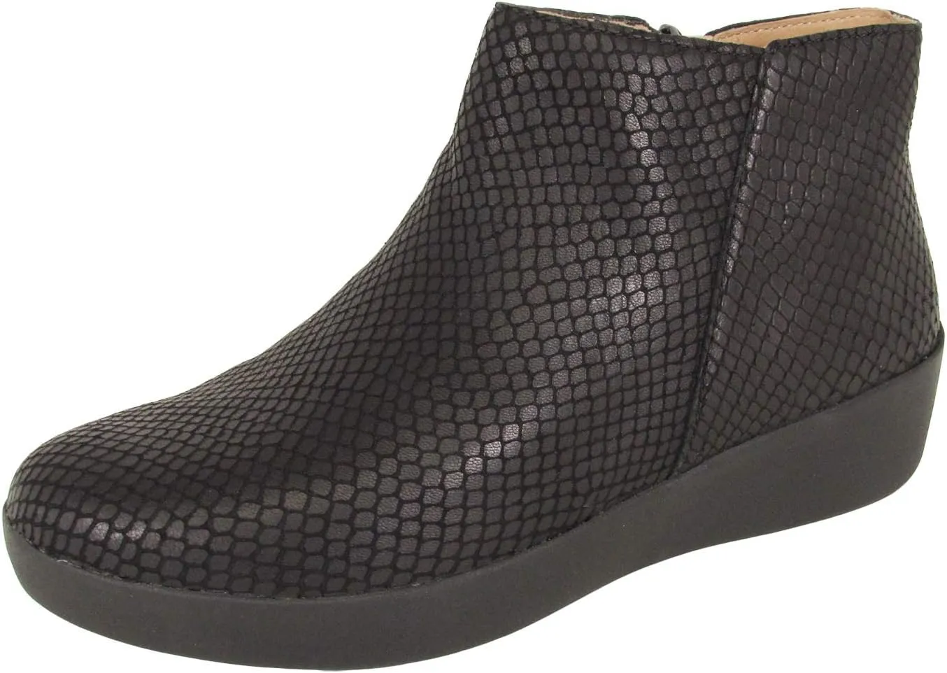 FitFlop Womens Sumi Snake Embossed Leather Ankle Boot Shoes, Black, US 5