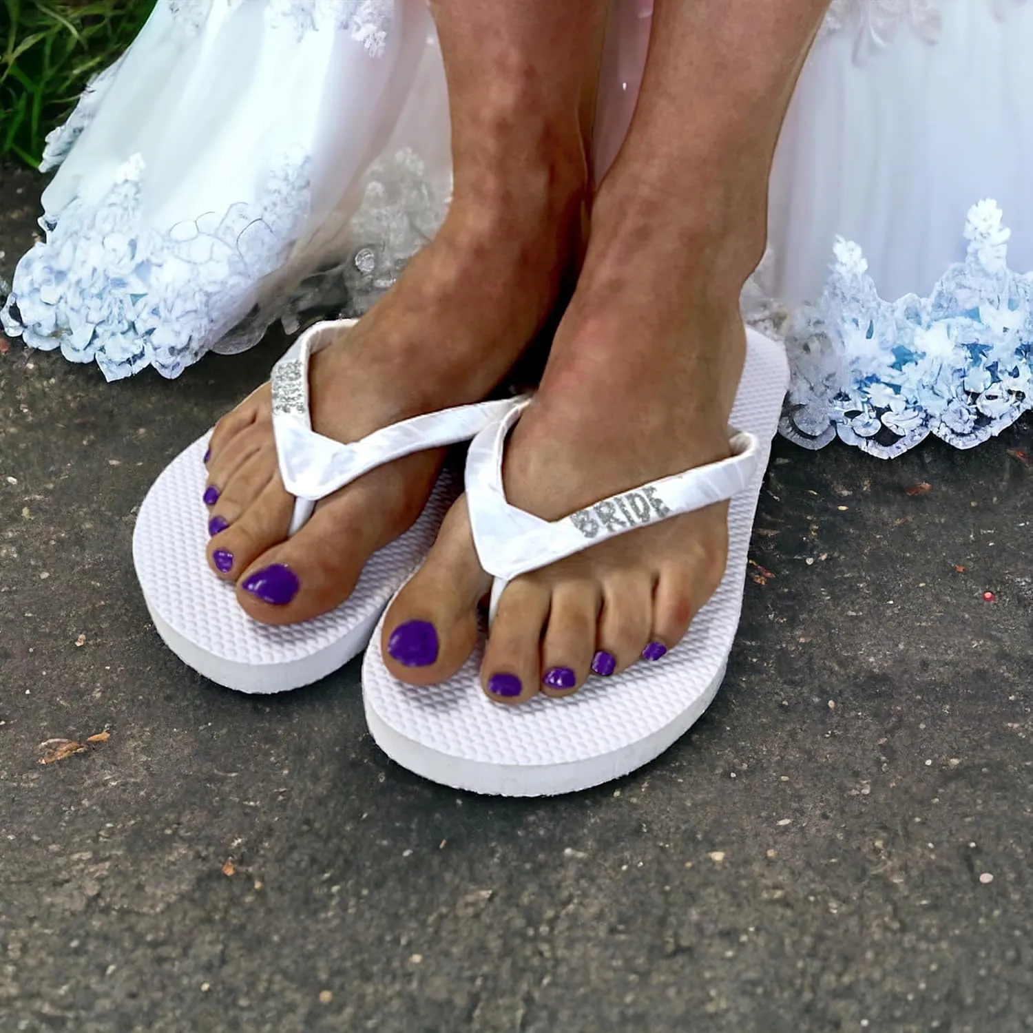 Flip Flops with Glitter Bride in Silver with Flat Heel & Satin Ribbon Straps Sandals
