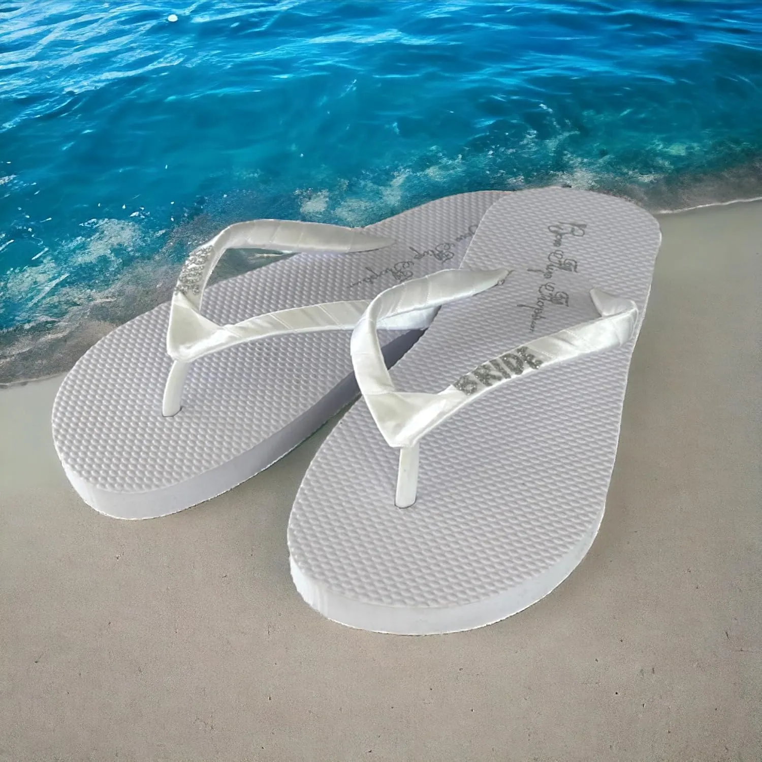Flip Flops with Glitter Bride in Silver with Flat Heel & Satin Ribbon Straps Sandals