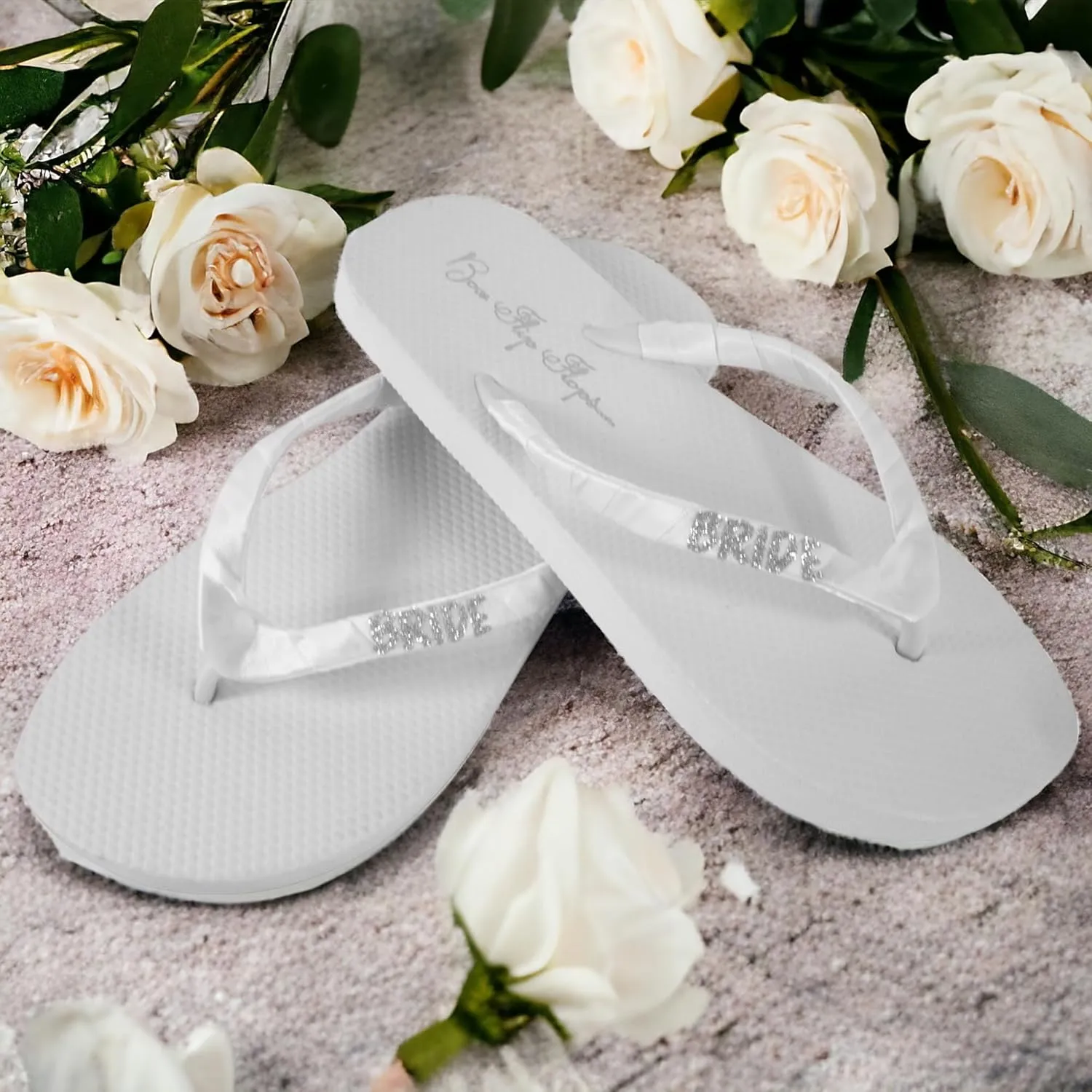 Flip Flops with Glitter Bride in Silver with Flat Heel & Satin Ribbon Straps Sandals