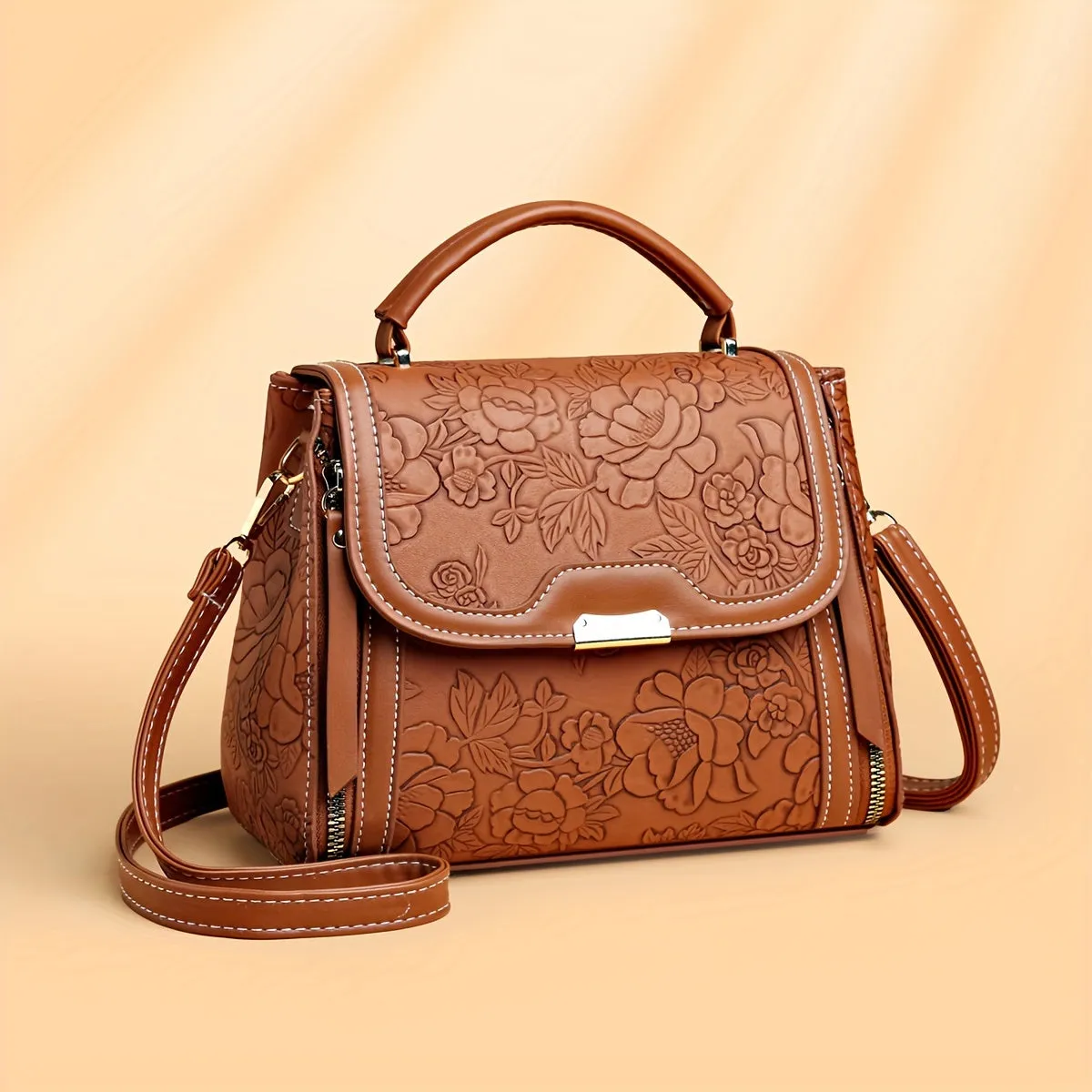 Floral Embossed Crossbody Bag Zip Closure Polyester Lined