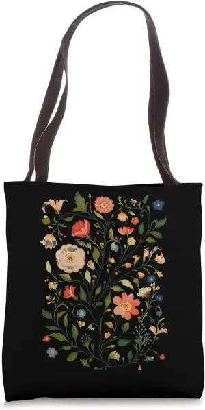 Floral Harmony Nature Inspired Art Embroidery Tote Bag