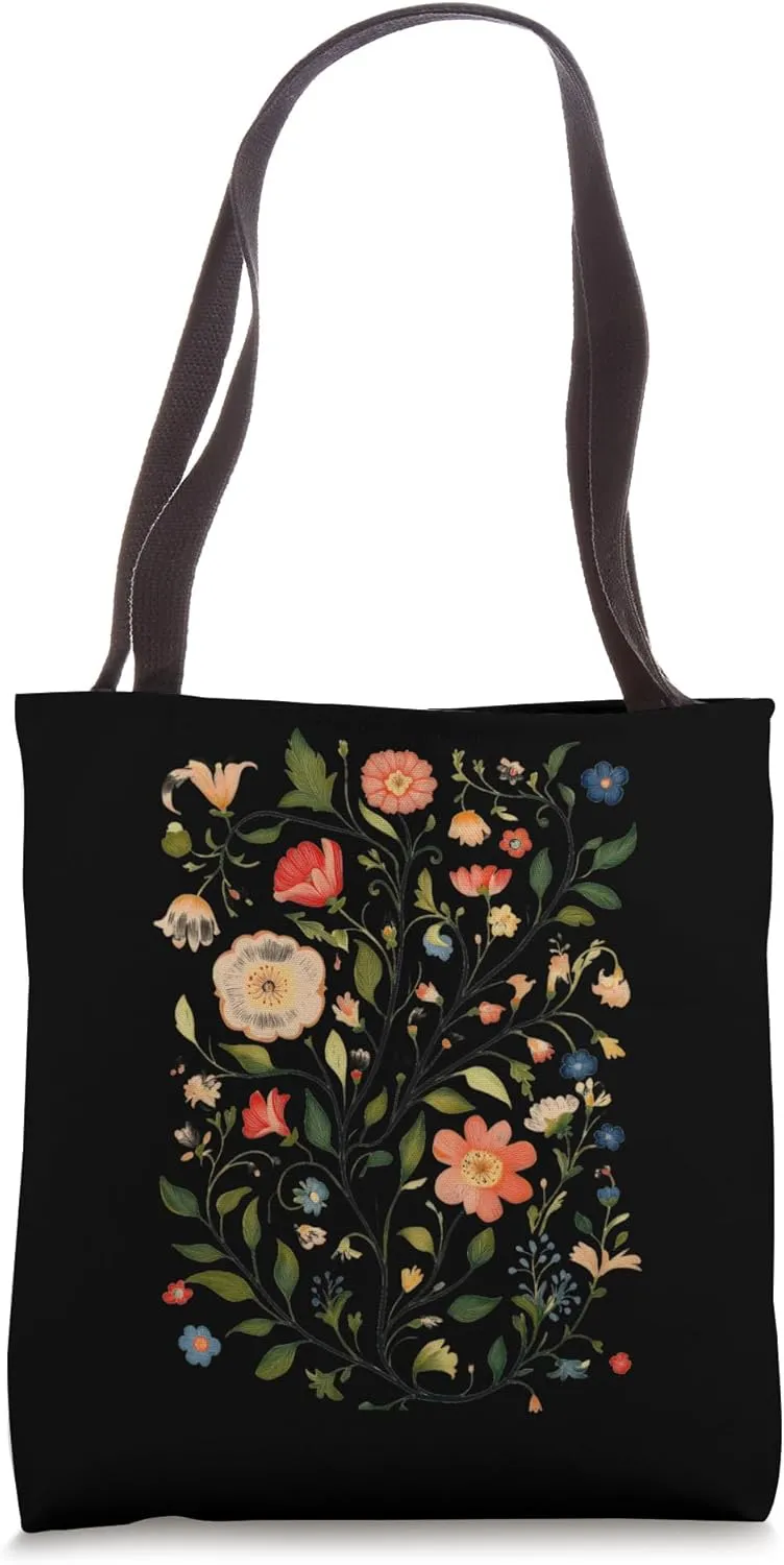 Floral Harmony Nature Inspired Art Embroidery Tote Bag