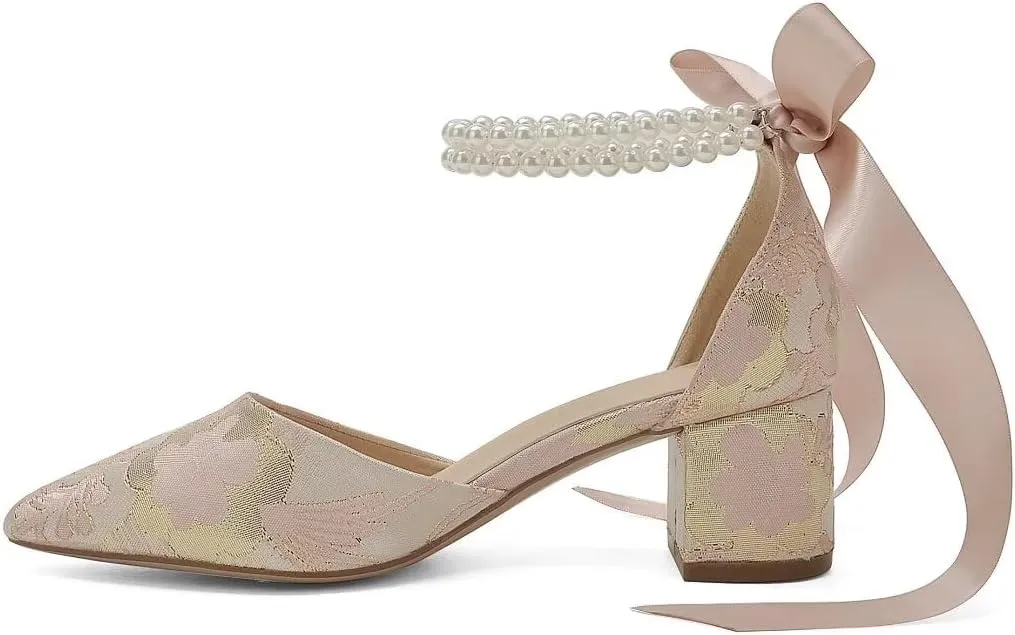 Floral Satin Wedding Shoes for Bride Block Heel Pointed Toe Pearl Bridal Shoes Wedding Heels