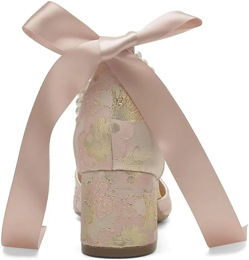 Floral Satin Wedding Shoes for Bride Block Heel Pointed Toe Pearl Bridal Shoes Wedding Heels
