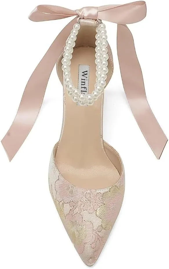 Floral Satin Wedding Shoes for Bride Block Heel Pointed Toe Pearl Bridal Shoes Wedding Heels