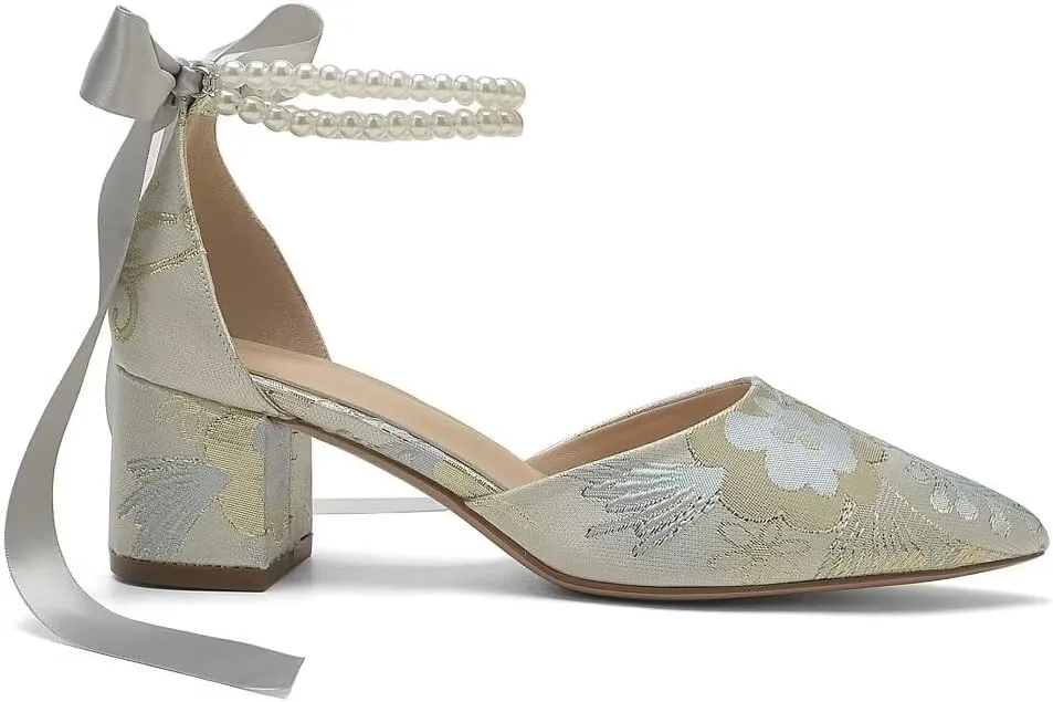 Floral Satin Wedding Shoes for Bride Block Heel Pointed Toe Pearl Bridal Shoes Wedding Heels