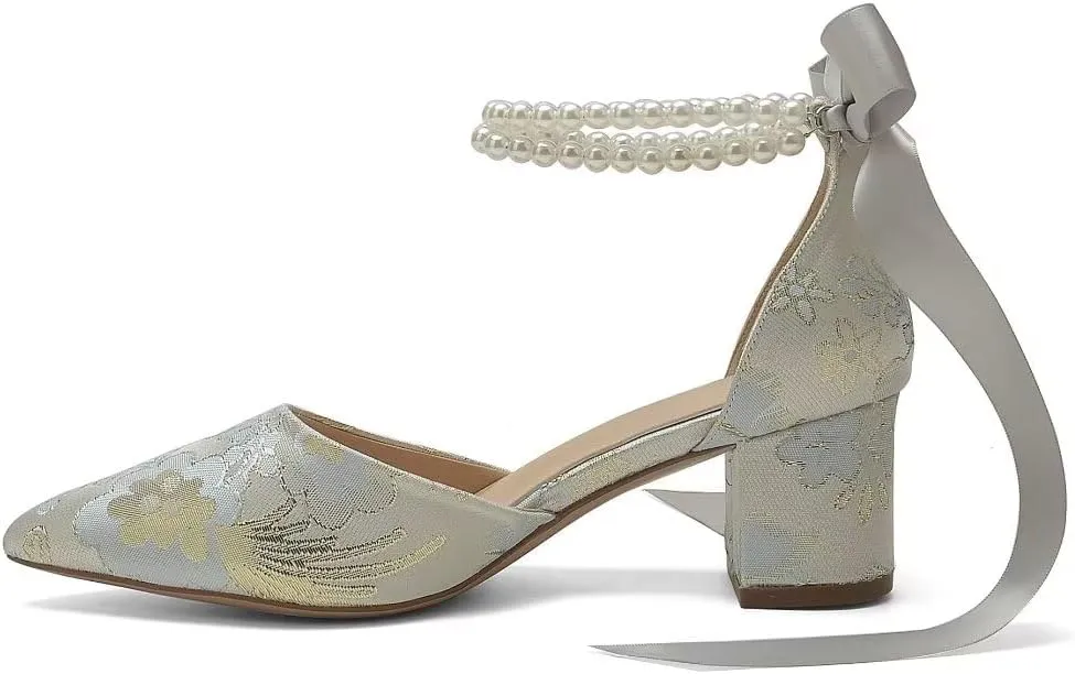 Floral Satin Wedding Shoes for Bride Block Heel Pointed Toe Pearl Bridal Shoes Wedding Heels