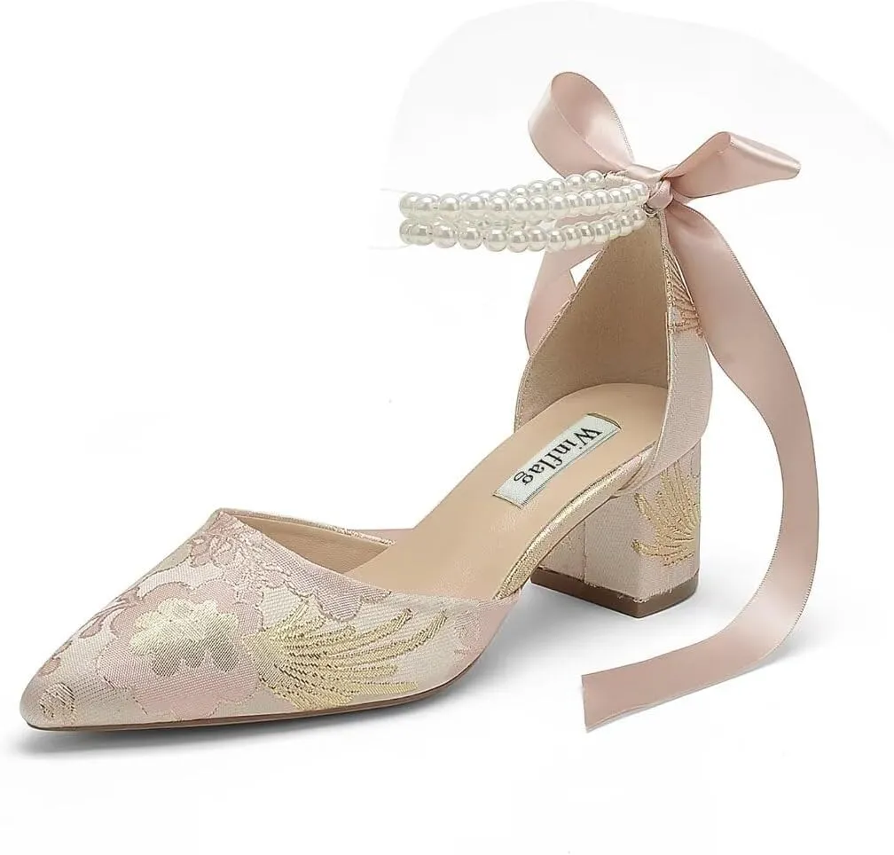 Floral Satin Wedding Shoes for Bride Block Heel Pointed Toe Pearl Bridal Shoes Wedding Heels