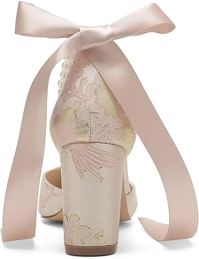 Floral Satin Wedding Shoes for Bride Block Heel Pointed Toe Pearl Bridal Shoes Wedding Heels
