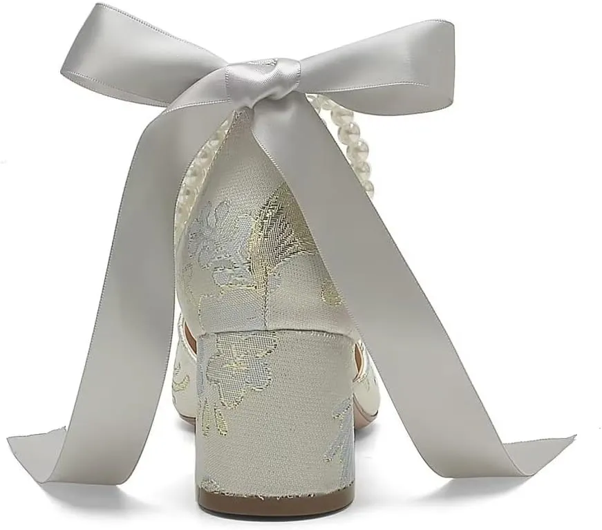 Floral Satin Wedding Shoes for Bride Block Heel Pointed Toe Pearl Bridal Shoes Wedding Heels