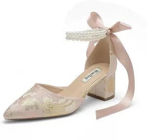 Floral Satin Wedding Shoes for Bride Block Heel Pointed Toe Pearl Bridal Shoes Wedding Heels