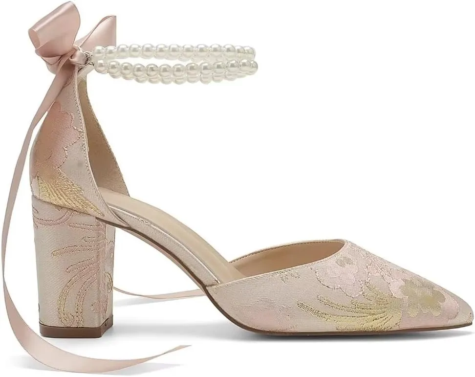 Floral Satin Wedding Shoes for Bride Block Heel Pointed Toe Pearl Bridal Shoes Wedding Heels