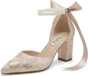 Floral Satin Wedding Shoes for Bride Block Heel Pointed Toe Pearl Bridal Shoes Wedding Heels