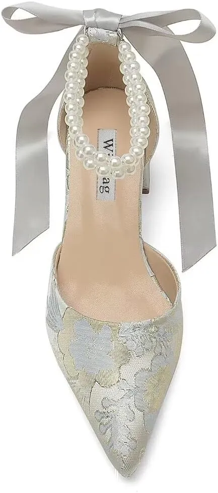 Floral Satin Wedding Shoes for Bride Block Heel Pointed Toe Pearl Bridal Shoes Wedding Heels