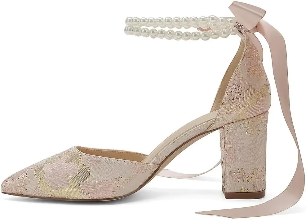 Floral Satin Wedding Shoes for Bride Block Heel Pointed Toe Pearl Bridal Shoes Wedding Heels