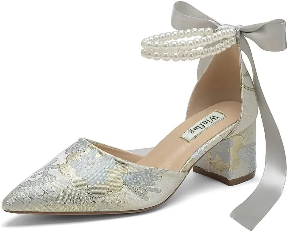 Floral Satin Wedding Shoes for Bride Block Heel Pointed Toe Pearl Bridal Shoes Wedding Heels