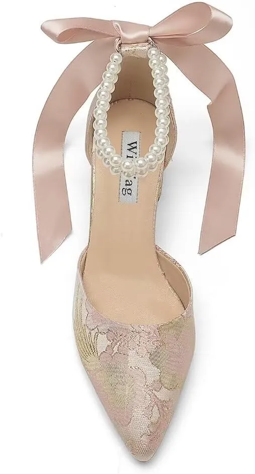 Floral Satin Wedding Shoes for Bride Block Heel Pointed Toe Pearl Bridal Shoes Wedding Heels