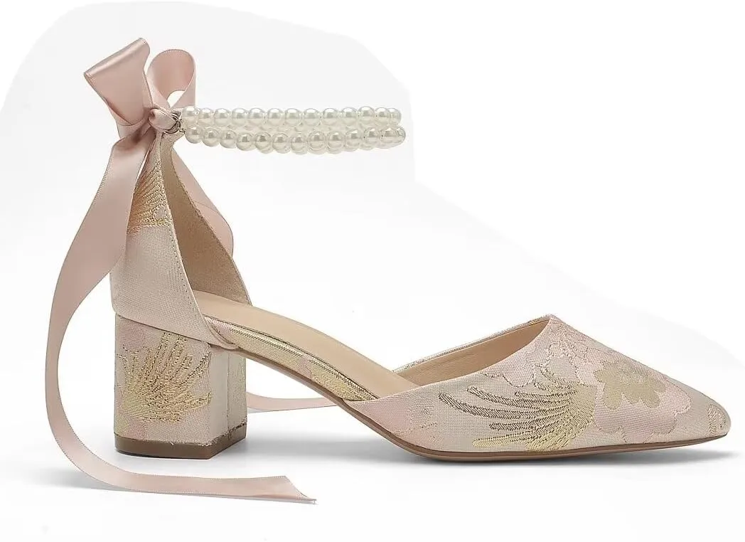 Floral Satin Wedding Shoes for Bride Block Heel Pointed Toe Pearl Bridal Shoes Wedding Heels