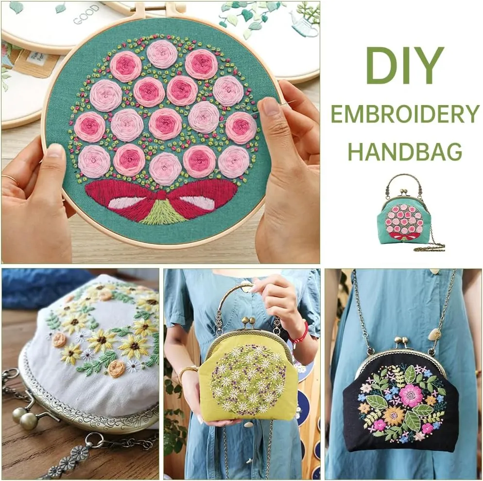 Flower Embroidery Kit Tote Bag & Coin Purse Kits - Handbag Hand Embroidery Kit for Adults & Beginners with Patterns, Hoop & DIY Sewing Kit