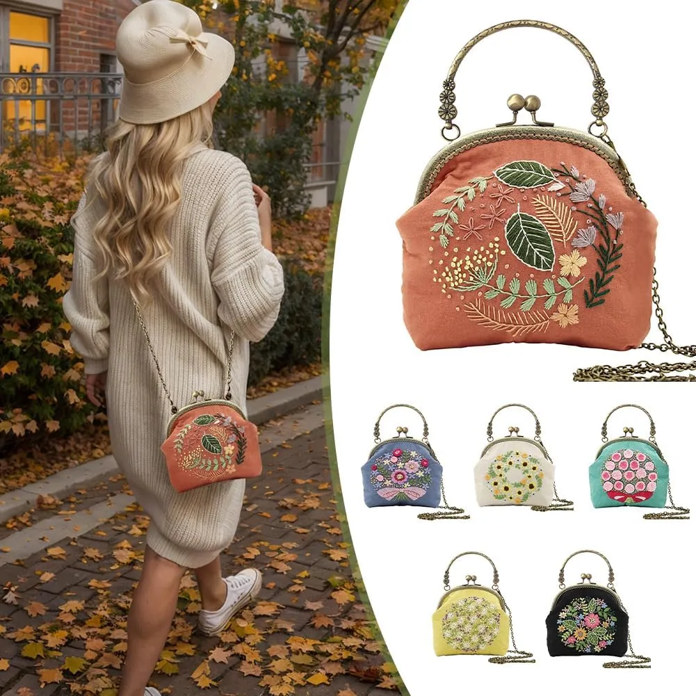 Flower Embroidery Kit Tote Bag & Coin Purse Kits - Handbag Hand Embroidery Kit for Adults & Beginners with Patterns, Hoop & DIY Sewing Kit