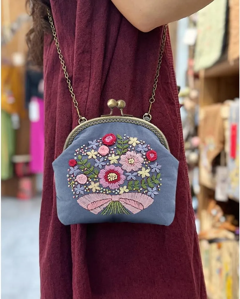 Flower Embroidery Kit Tote Bag & Coin Purse Kits - Handbag Hand Embroidery Kit for Adults & Beginners with Patterns, Hoop & DIY Sewing Kit