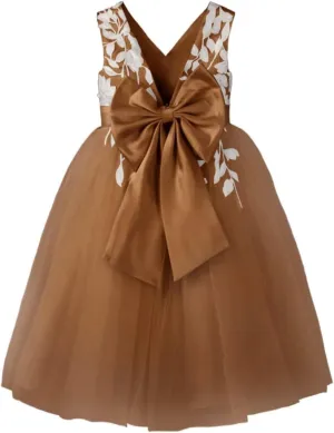Flower Girl Dress for Wedding Tea Length Lace Applique Tulle Princess Kids Birthday Pageant Party Gown Bow-Knot