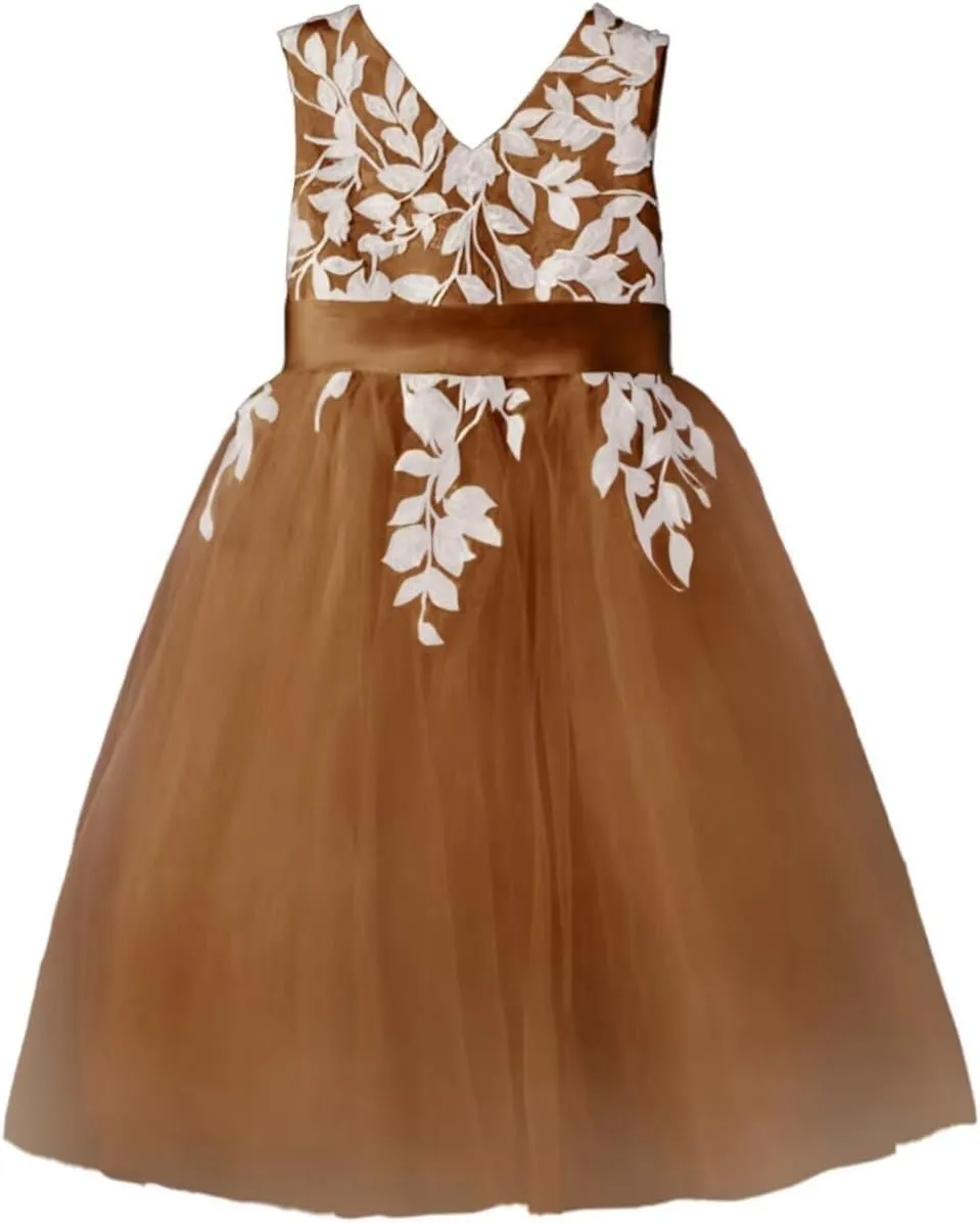 Flower Girl Dress for Wedding Tea Length Lace Applique Tulle Princess Kids Birthday Pageant Party Gown Bow-Knot