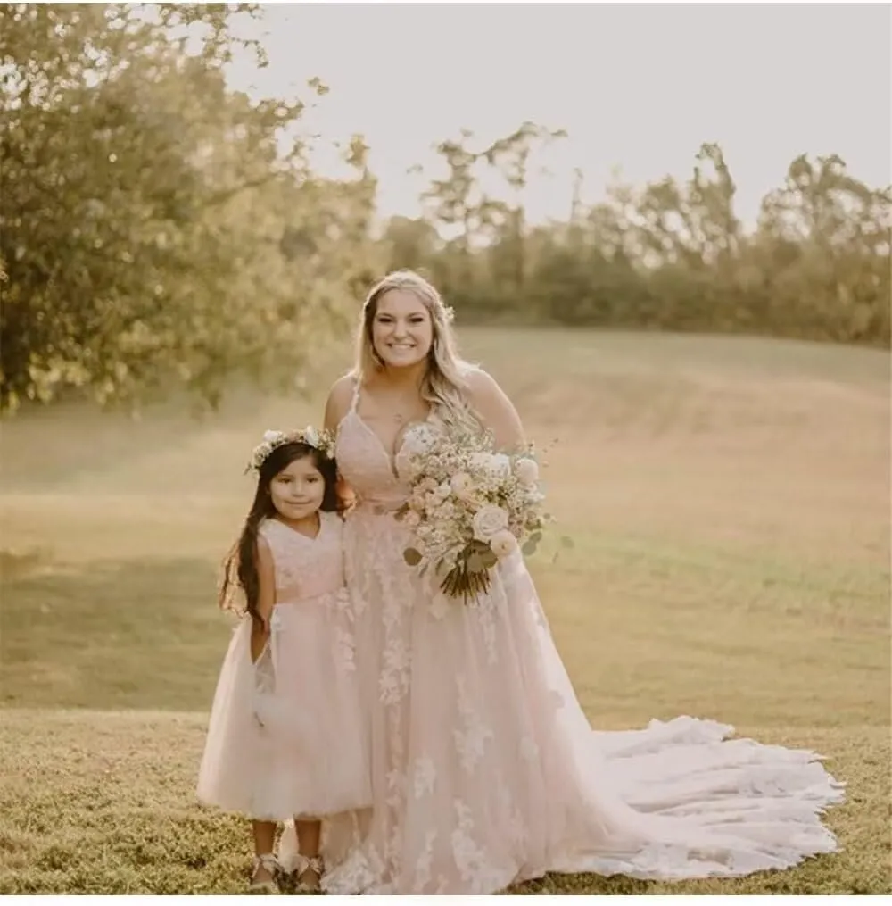 Flower Girl Dress for Wedding Tea Length Lace Applique Tulle Princess Kids Birthday Pageant Party Gown Bow-Knot