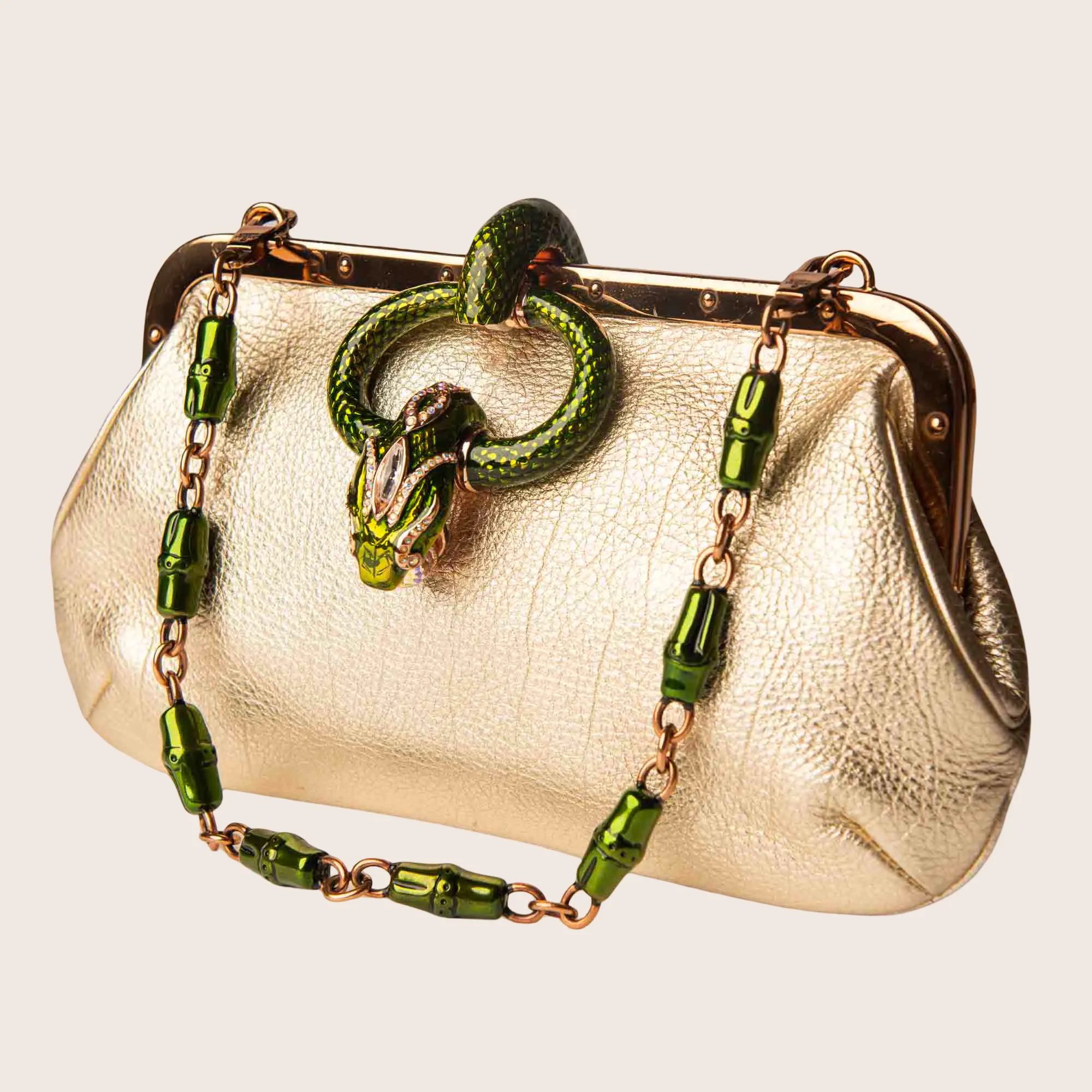 Ford by Gucci Tom Enamel & All-in-one collection Leather Handbag Green Gold Snake No-hassle exchange