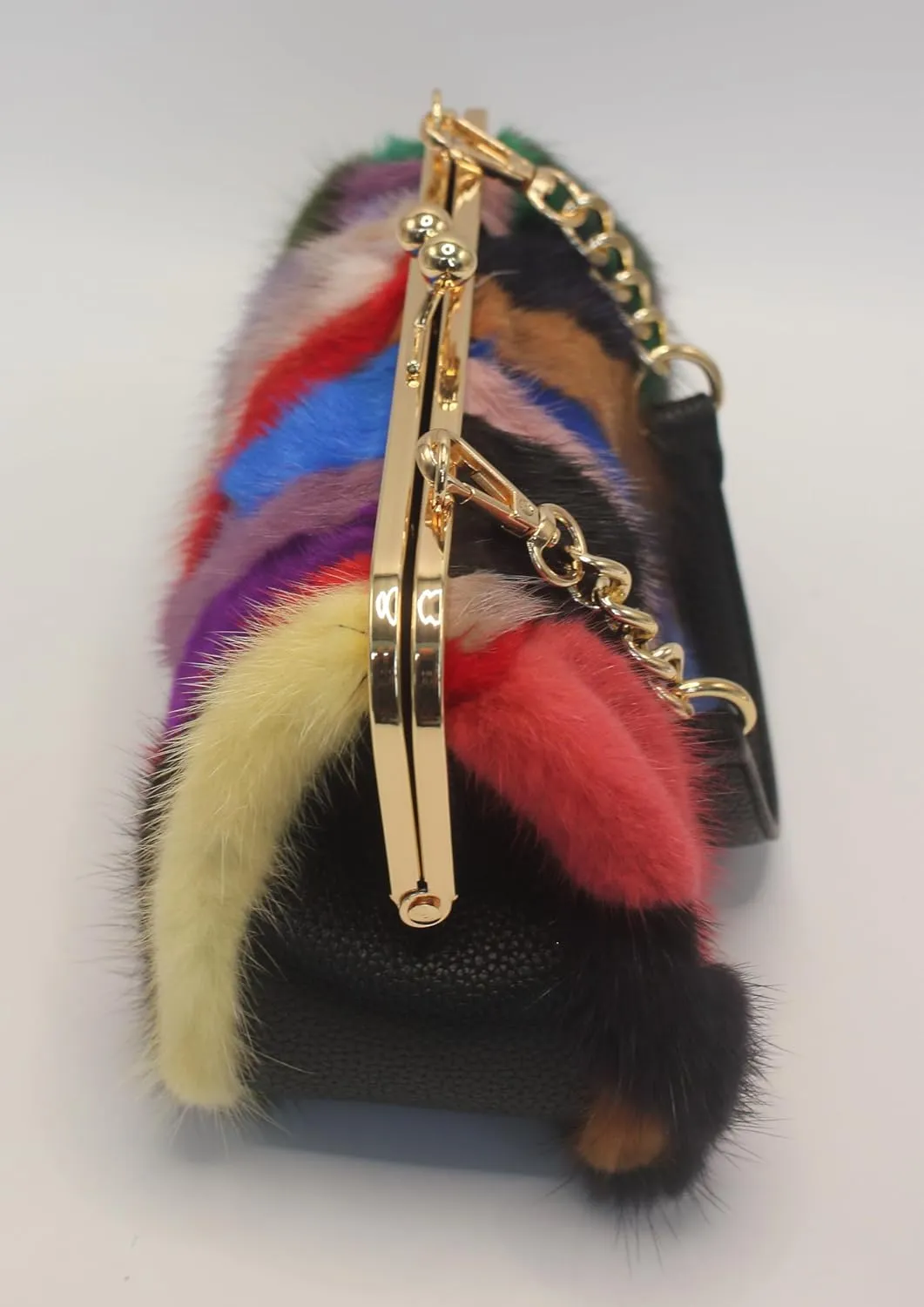 Fosrion Elegant Chic Two-Strap Multicolored Mink Fur Handbag with Chain Featuring Metal Clasp Autumn/Winter Collection