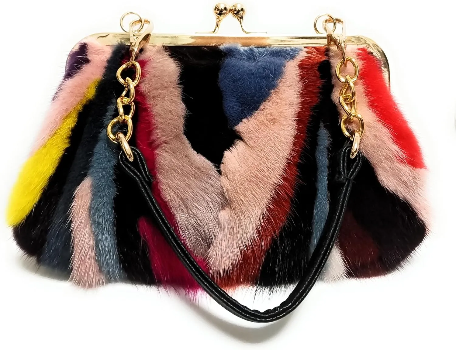 Fosrion Elegant Chic Two-Strap Multicolored Mink Fur Handbag with Chain Featuring Metal Clasp Autumn/Winter Collection