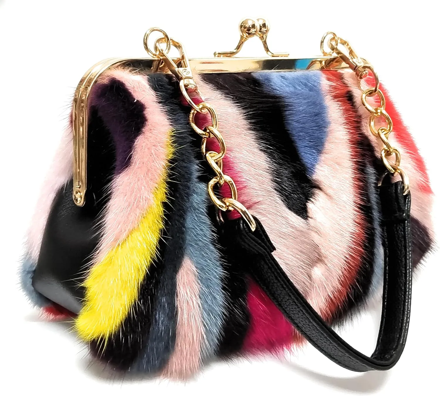 Fosrion Elegant Chic Two-Strap Multicolored Mink Fur Handbag with Chain Featuring Metal Clasp Autumn/Winter Collection