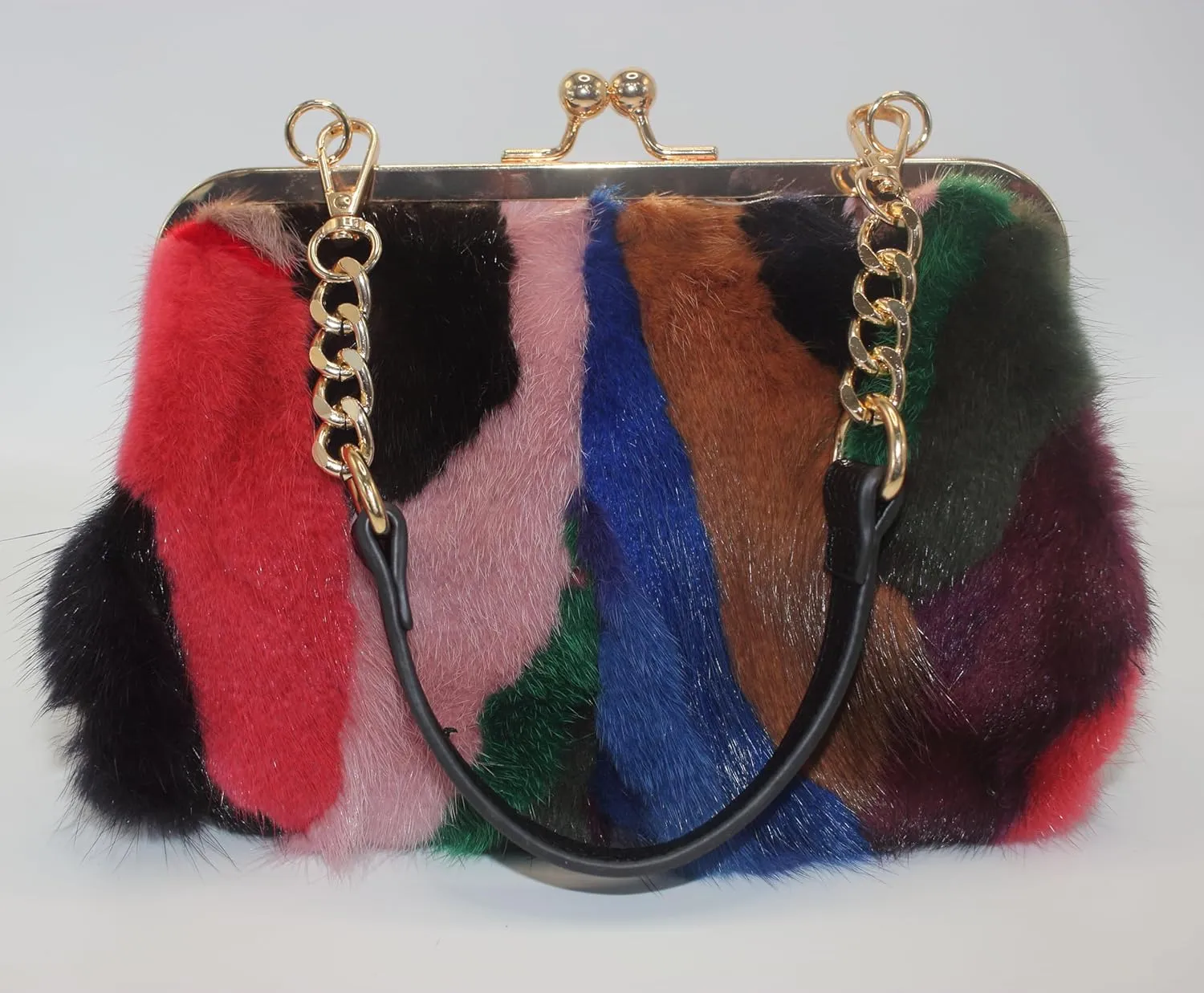 Fosrion Elegant Chic Two-Strap Multicolored Mink Fur Handbag with Chain Featuring Metal Clasp Autumn/Winter Collection