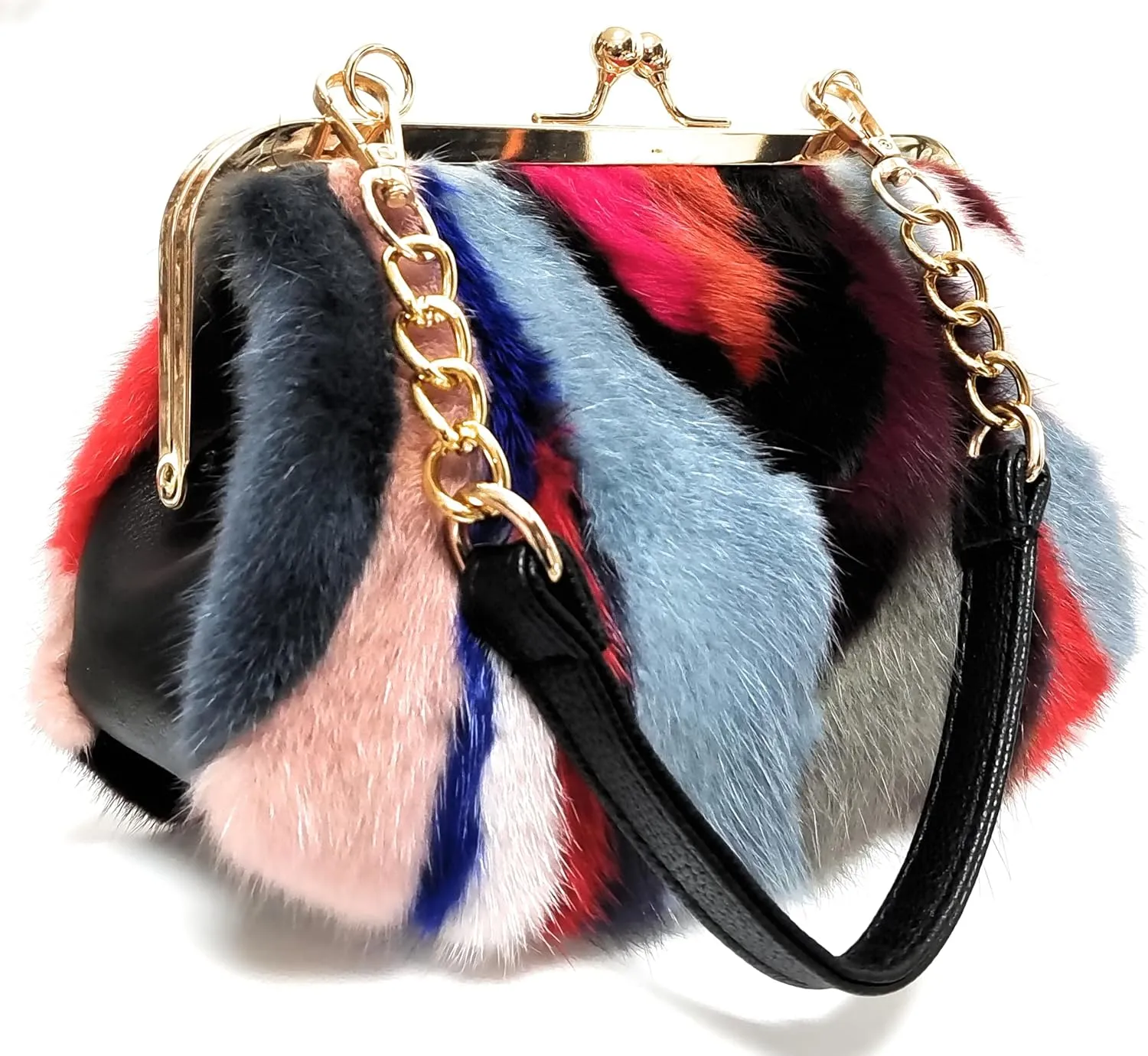 Fosrion Elegant Chic Two-Strap Multicolored Mink Fur Handbag with Chain Featuring Metal Clasp Autumn/Winter Collection