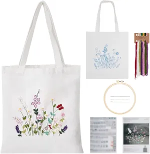 FREEBLOSS Canvas Tote Bag Embroidery Kit for Beginners White Embroidery Tote Bag Kit Mixed Flowers Canvas Tote Bag Hand Stitch Embroidery Tote Bag Kit with Hoop and Patterns, Instructions Included