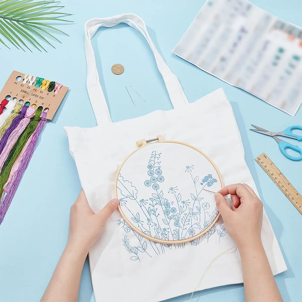 FREEBLOSS Canvas Tote Bag Embroidery Kit for Beginners White Embroidery Tote Bag Kit Mixed Flowers Canvas Tote Bag Hand Stitch Embroidery Tote Bag Kit with Hoop and Patterns, Instructions Included