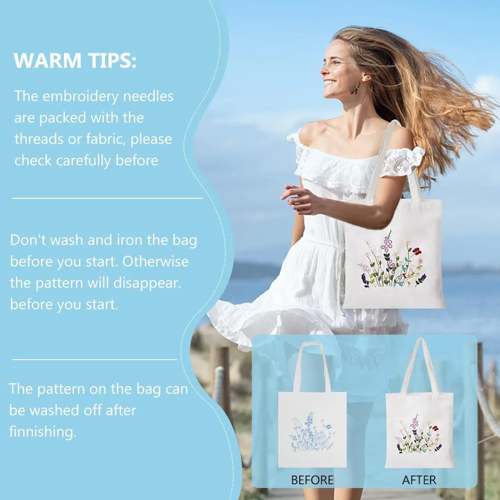 FREEBLOSS Canvas Tote Bag Embroidery Kit for Beginners White Embroidery Tote Bag Kit Mixed Flowers Canvas Tote Bag Hand Stitch Embroidery Tote Bag Kit with Hoop and Patterns, Instructions Included